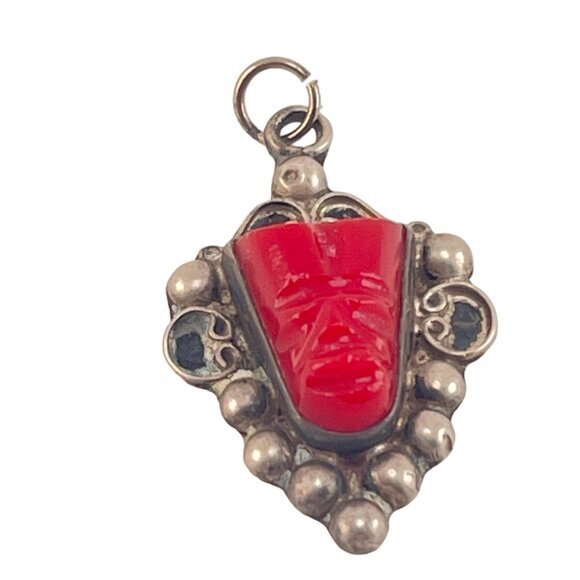 Vintage Sterling Silver & Red OnyxTribal Mask Pendant Necklace - Picture 2 of 7